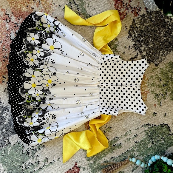 Y2K Bonnie Jean 4T Toddler Girl Cotton Polka Dot Floral Dress Black White Yellow - Picture 8 of 16